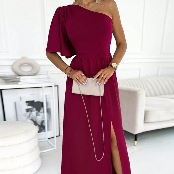 Hot Pink Preppy Womens One Shoulder Split Thigh Dress